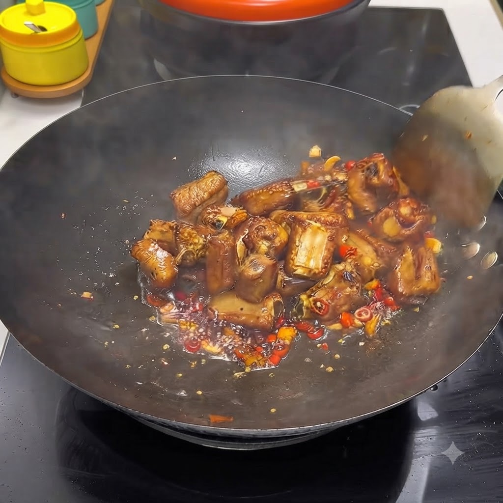 中華鍋の中で煮込まれ、ヘラで混ぜられている味付けされた豚スペアリブ