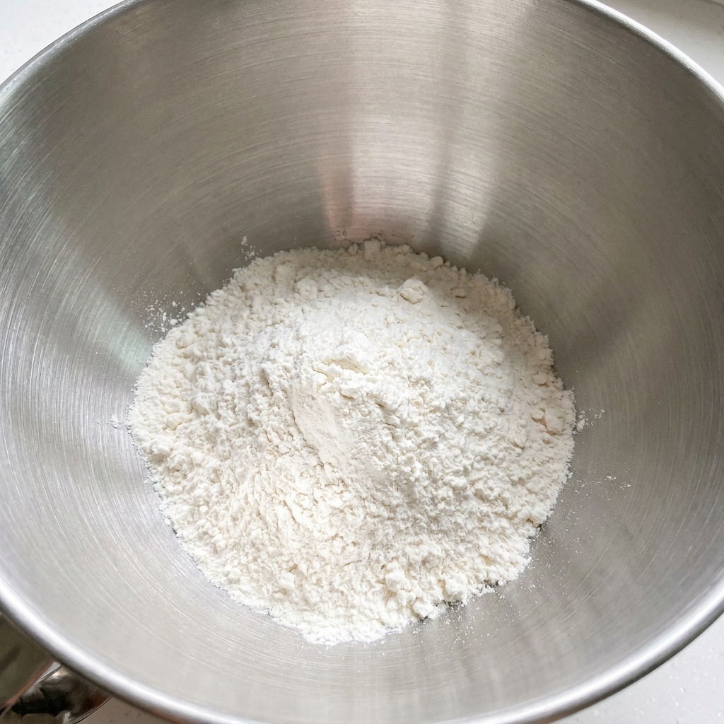 ステンレス製のミキシングボウルに入った乾燥小麦粉。