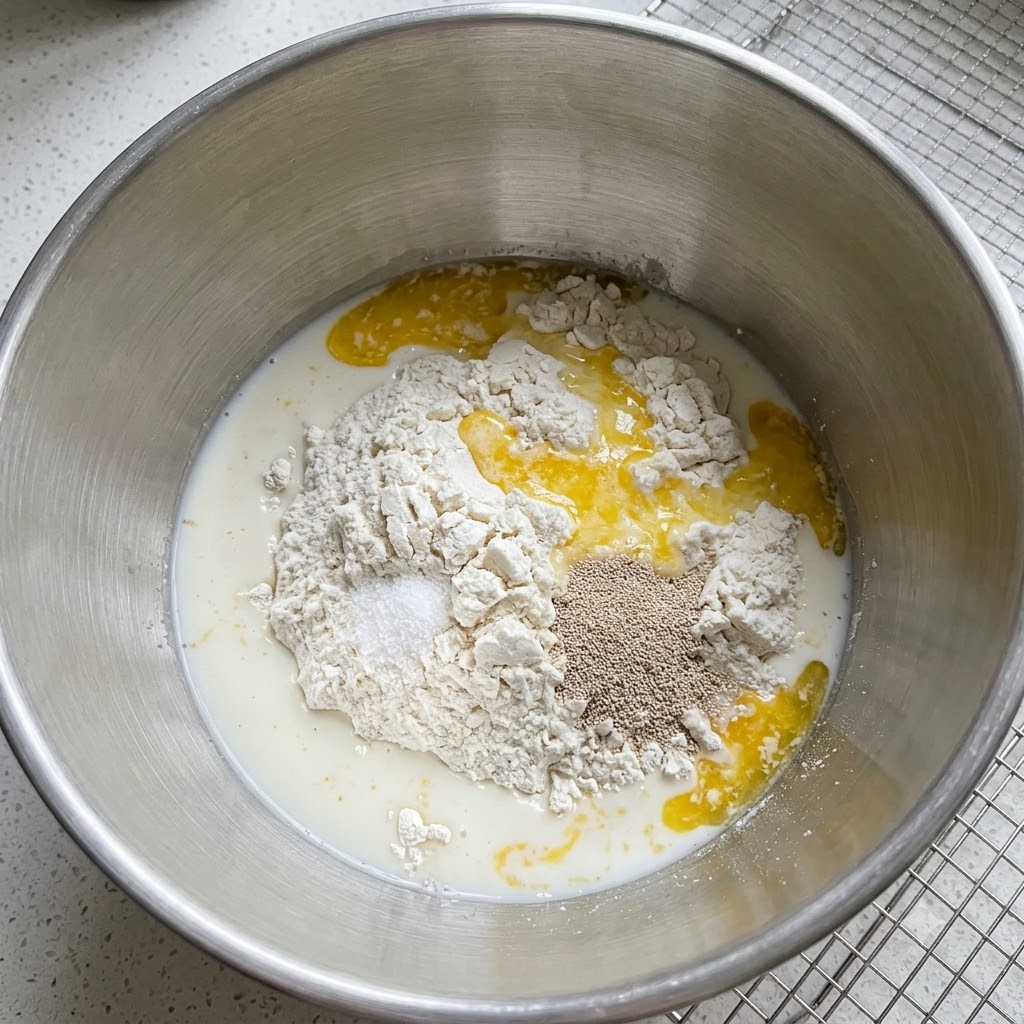 ステンレス製のミキシングボウルの中で、小麦粉の上に注がれた牛乳、卵、イースト、砂糖。