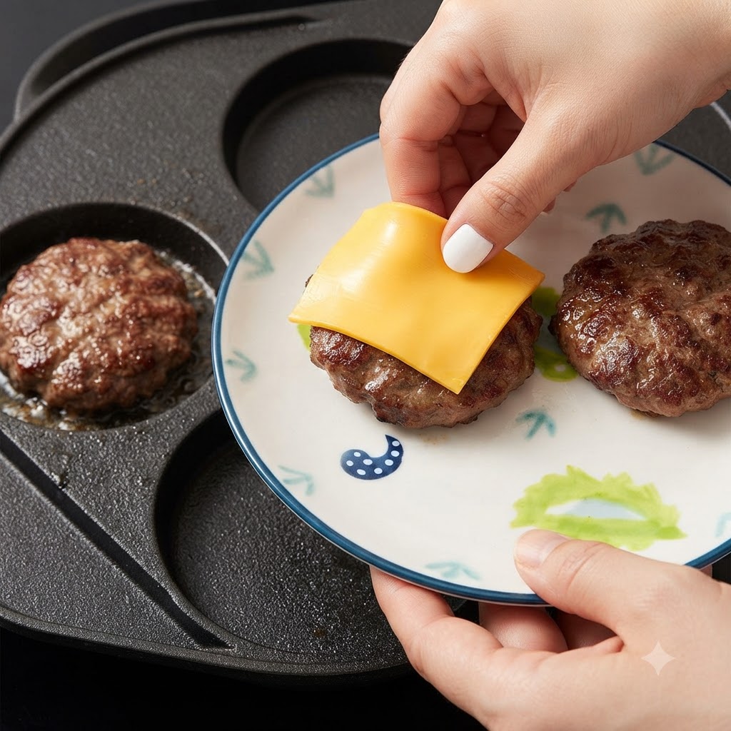 模様入りの皿にのった焼きたてのバーガーパティの上に、黄色い正方形のチーズスライスを置いている手。