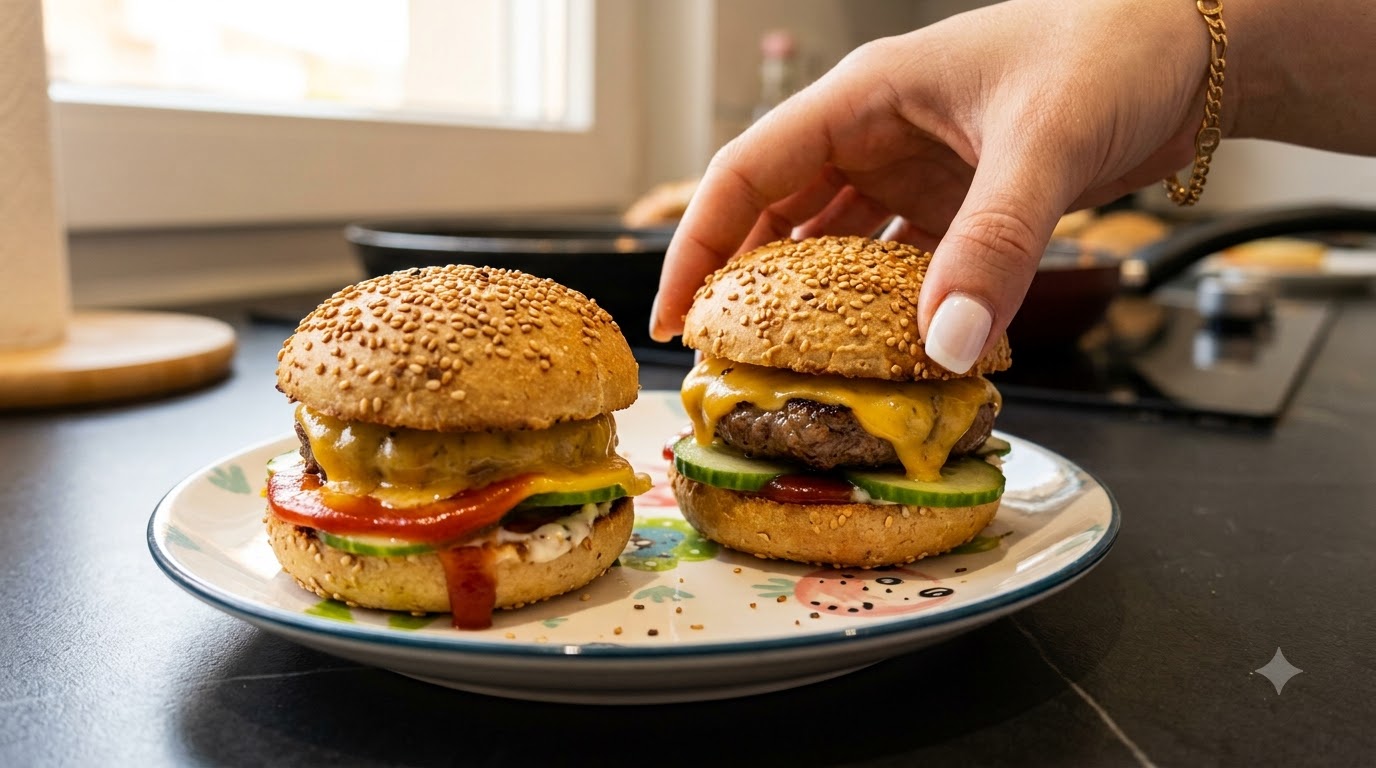 デコレーションプレートに並べられた手作りのミニチーズバーガー2個。片方は手で持たれている。