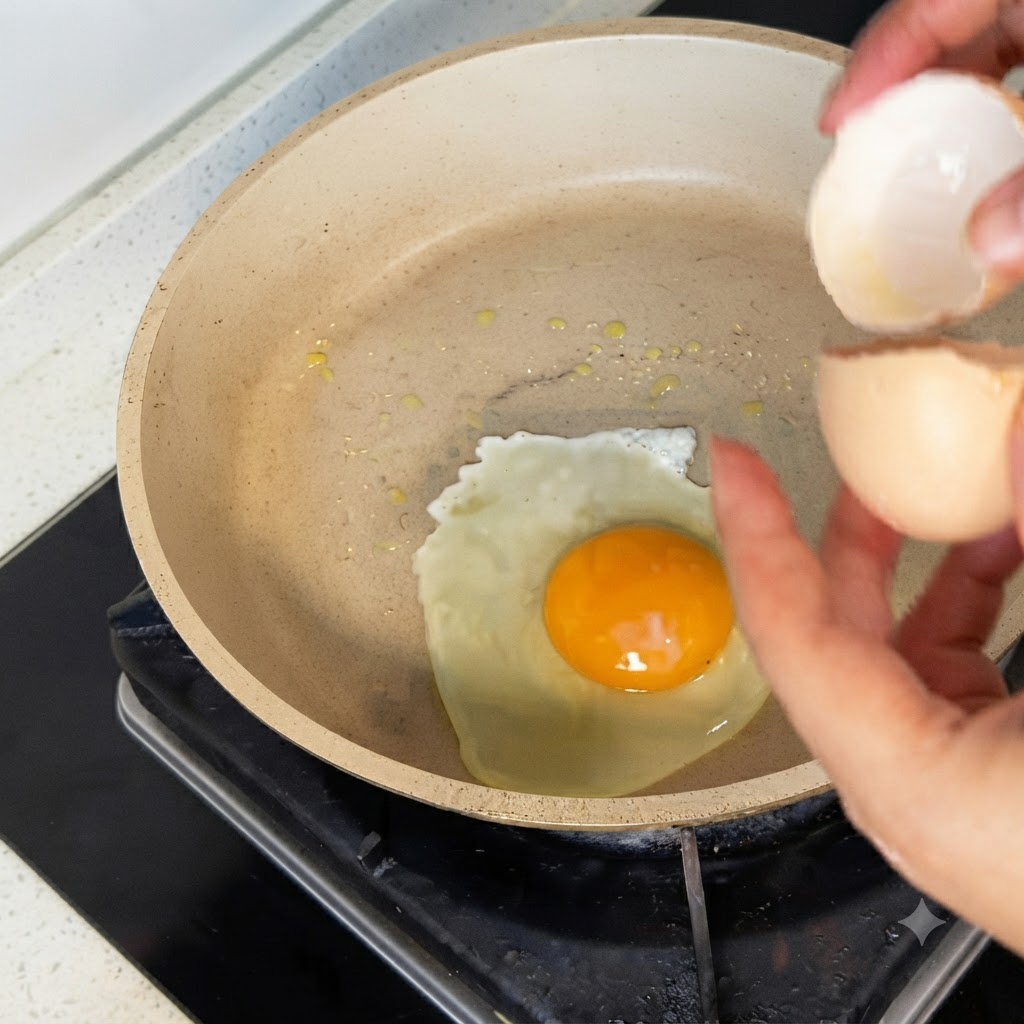温めたフライパンに卵を割り入れ、黄身が中心にある様子。