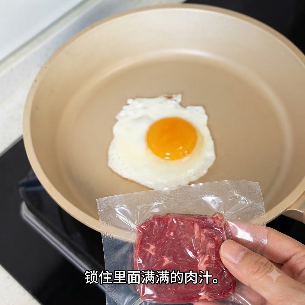 目玉焼きが入ったフライパンの上で、パッケージされたアンガスビーフパティを持っている様子。