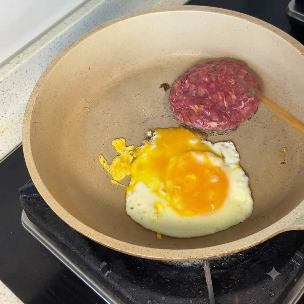 フライパンで生のアンガスビーフパティと目玉焼きを焼き、木べらが添えられている様子。