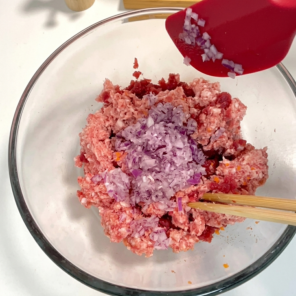 赤いシリコンスパチュラを使って、紫色の細かく刻んだ玉ねぎを肉と野菜が入ったボウルに移している様子。
