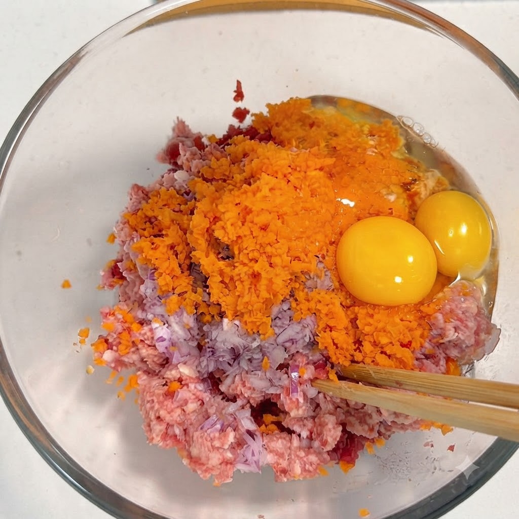透明なガラスボウルの中で、オレンジ色のにんじん、紫の玉ねぎ、ひき肉の上に2つの生卵の黄身が乗っている様子。