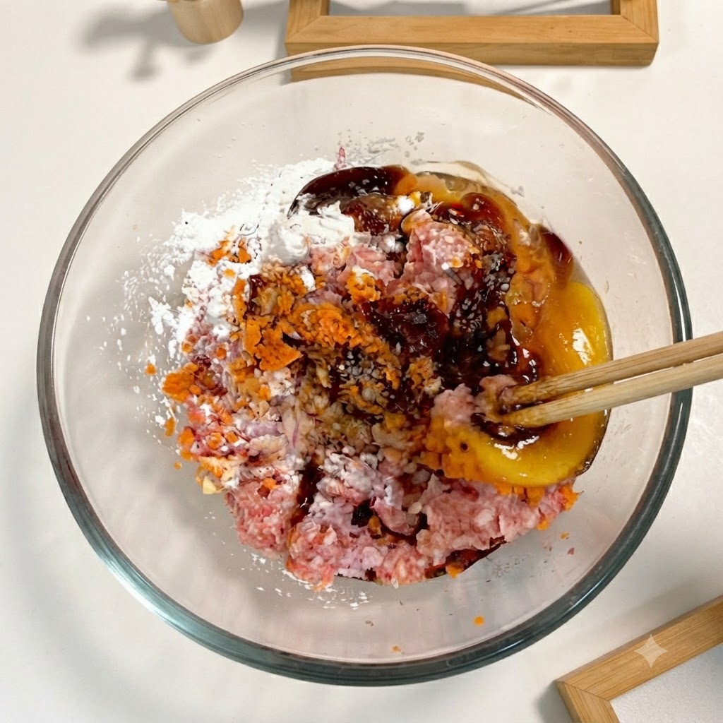 一対の木製の箸を使い、ガラスボウルの中で濃い色のソースや白い片栗粉などの材料を肉と野菜の混合物に混ぜ合わせている様子。