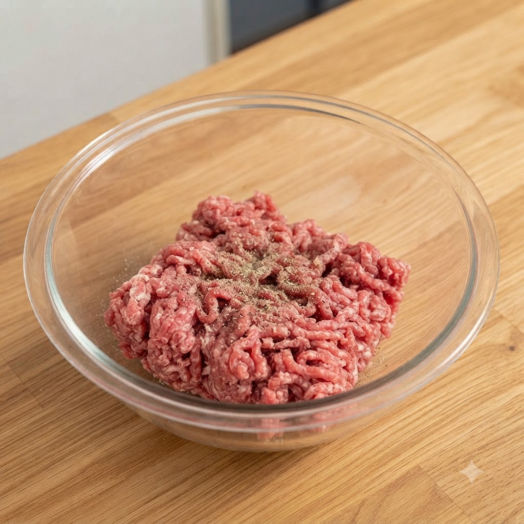 白こしょう、卵、柔らかくした玉ねぎが加えられた、ボウルの中のひき肉。