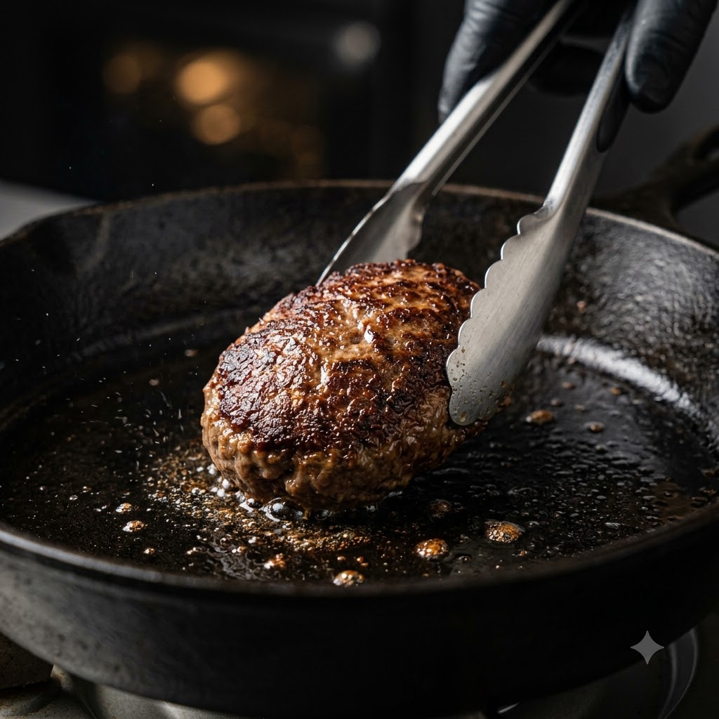 熱した鋳鉄のフライパンの上で、トングを使って成形された肉のパティを香ばしく焼き付けているところ。