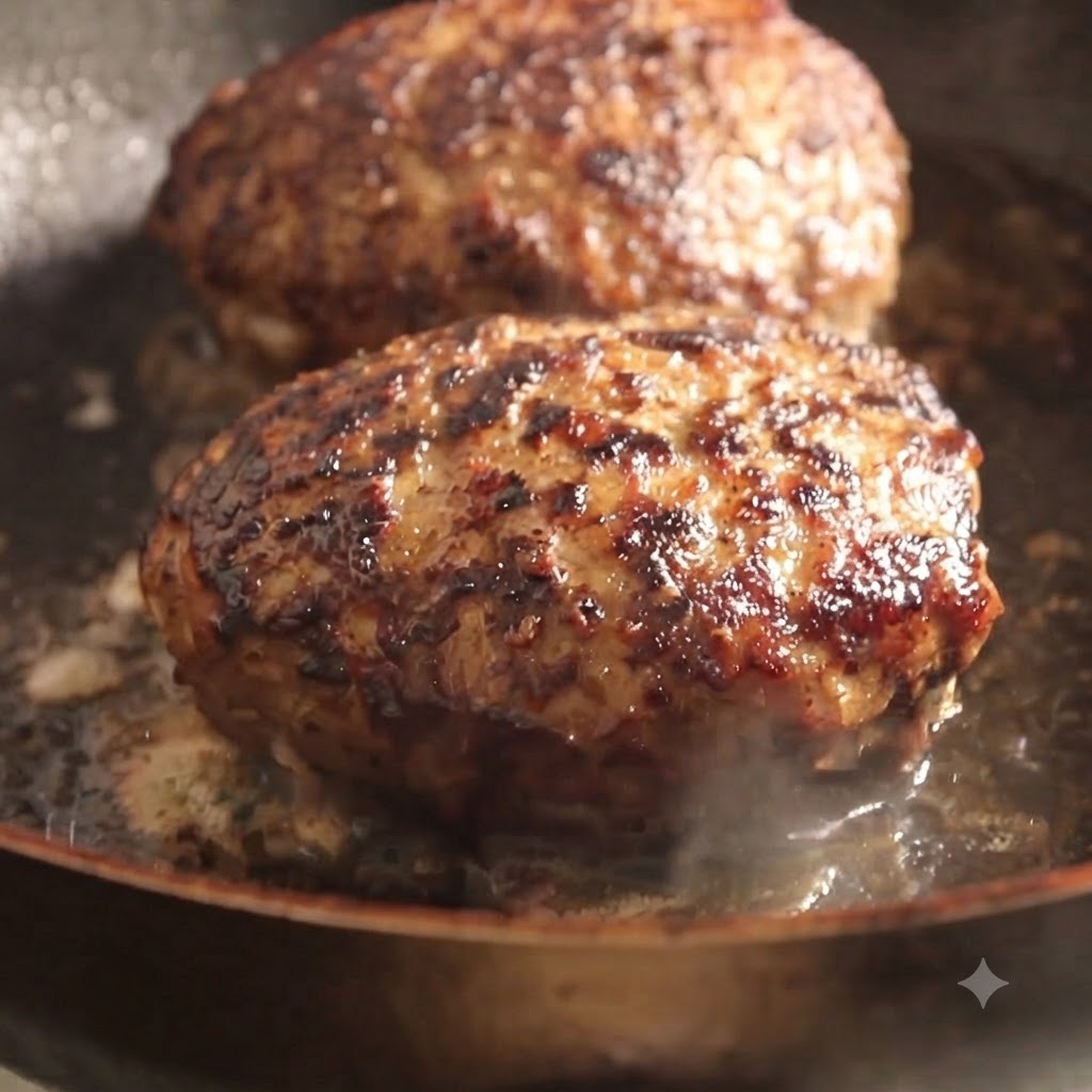 ガラスの蓋の下で水蒸気が立ち込めながら、フライパンでパティが蒸し焼きになっている様子。