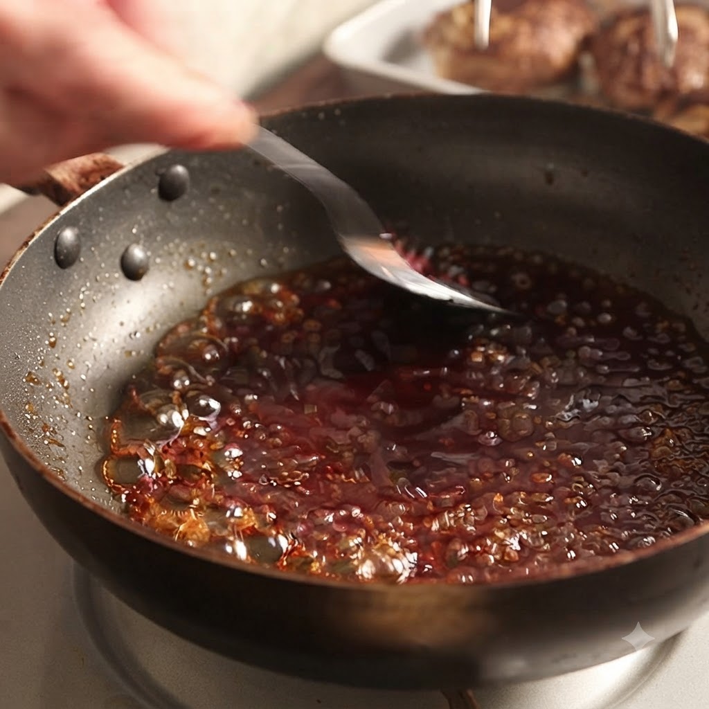 スプーンで混ぜながら、ぐつぐつと煮える茶色いソースの入ったフライパンに水溶き片栗粉を流し込んでいるところ。