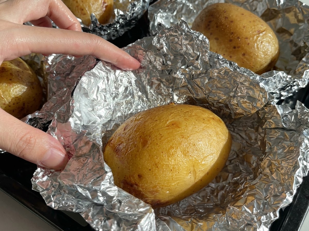 木製のボードの上で、ベイクドポテトが縦半分にスライスされている様子。