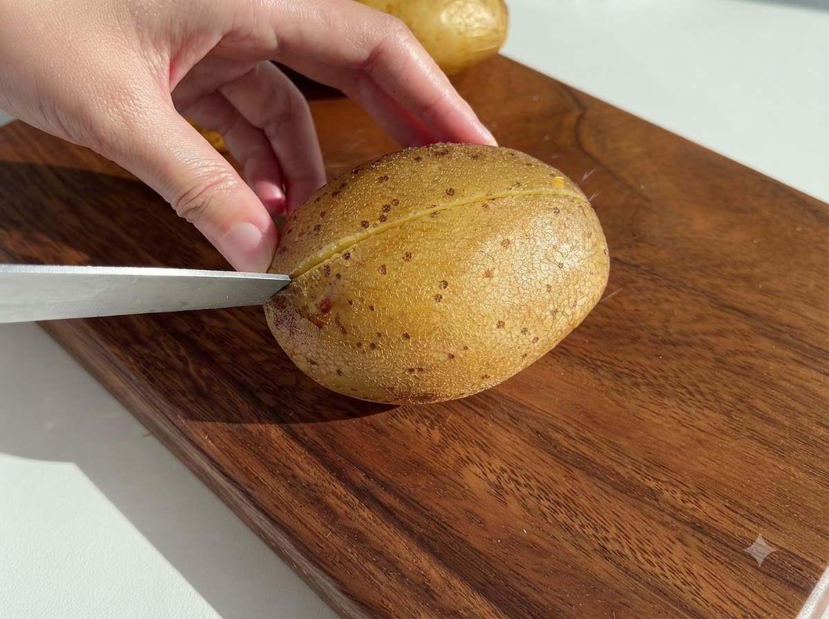 ベイクドポテトの柔らかい中身がボウルにくり抜かれている様子。