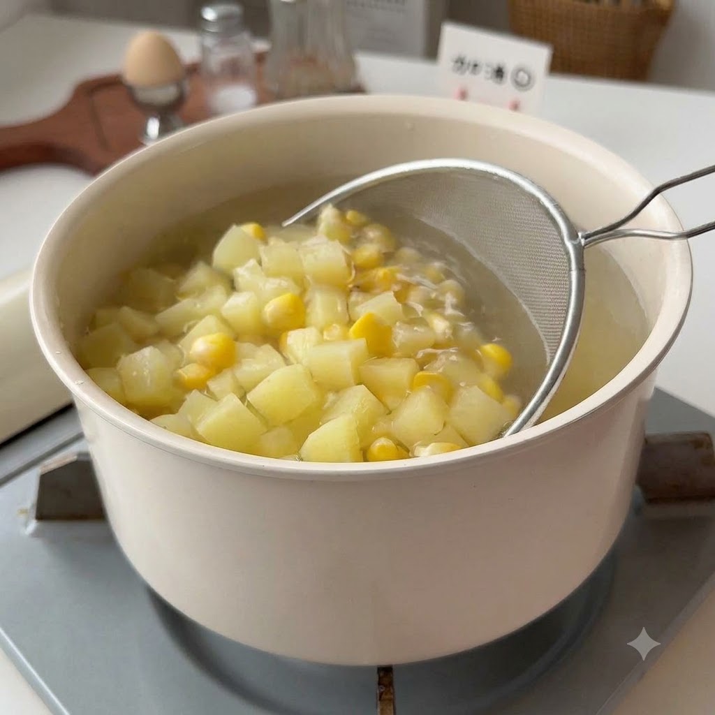 メッシュストレーナーが茹でたジャガイモとコーンを鍋からすくい上げている様子。