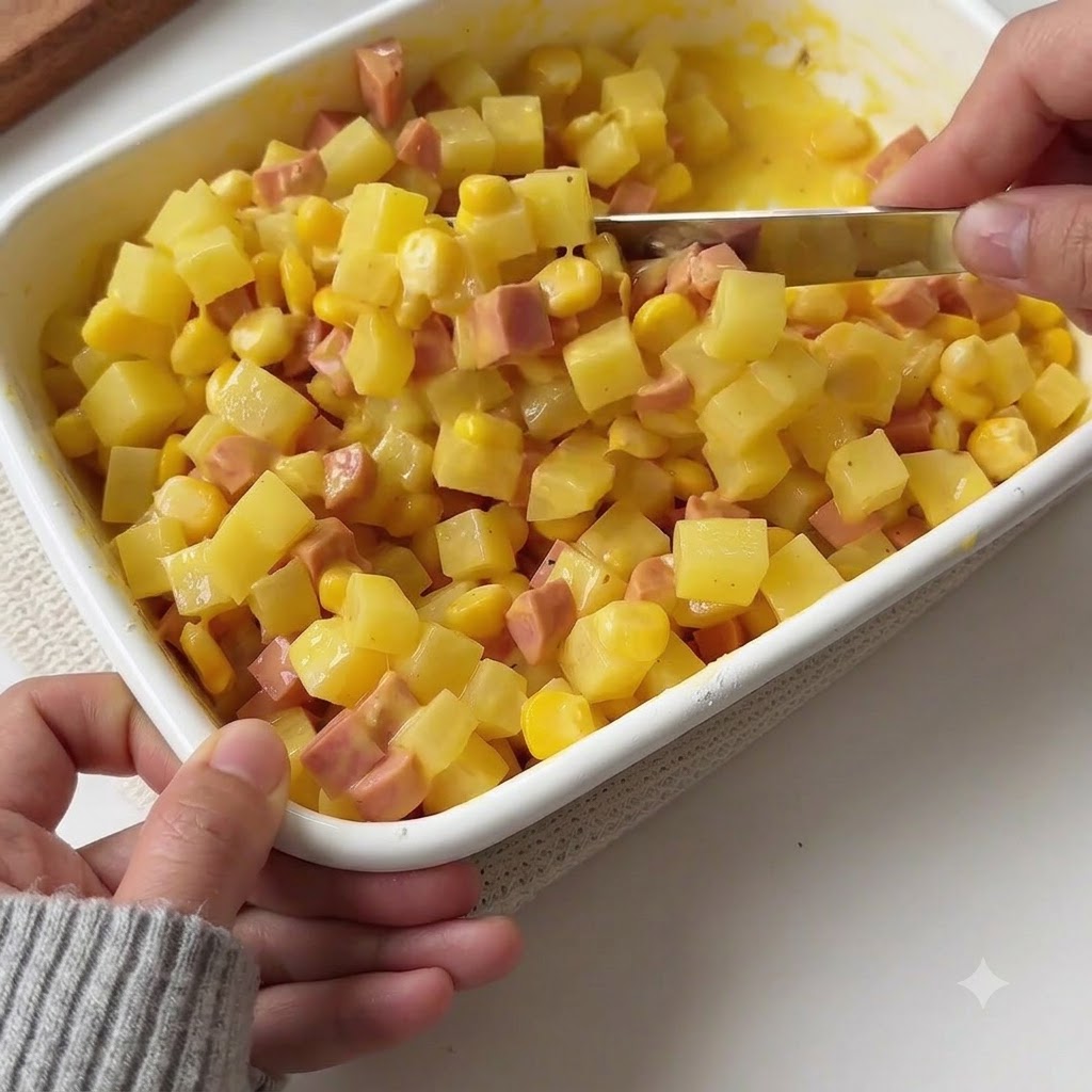 白い容器の中でスパチュラがすべての材料をかき混ぜている様子。