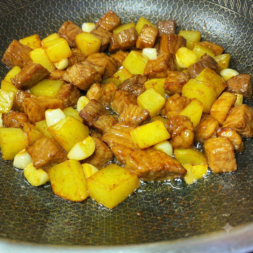 中華鍋の中の豚肉とポテトの上に、赤唐辛子パウダー、クミン、ゴマなどのスパイスが振りかけられている様子