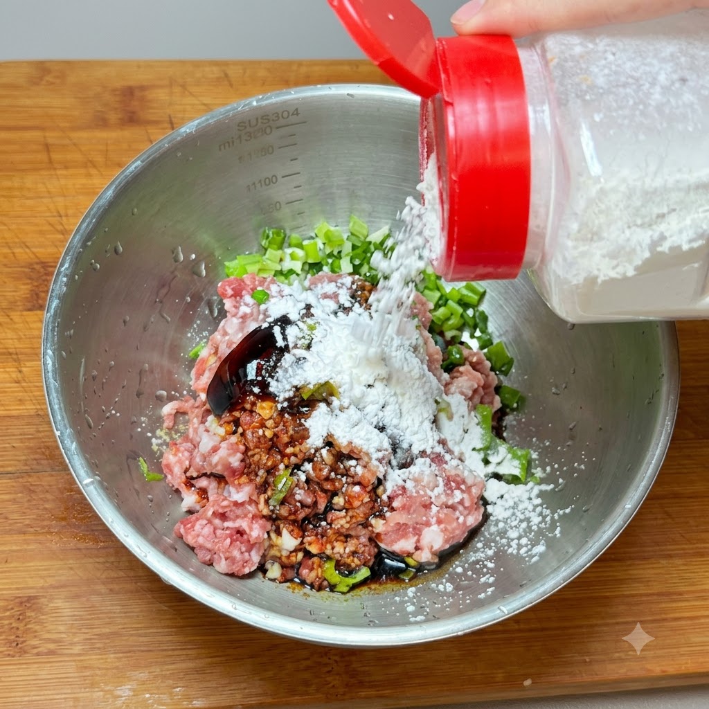 ひき肉とねぎに調味料と片栗粉を加えている様子