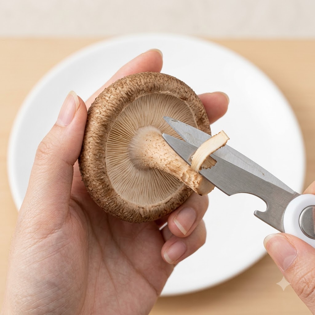 キッチンバサミで生しいたけの軸を切り落としている様子