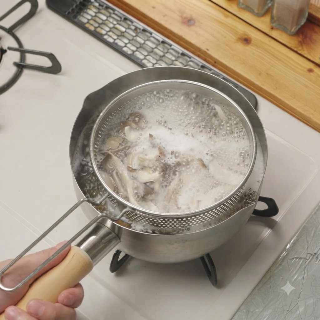 ワイヤー製のストレーナーを使って、沸騰したお湯から茹で上がった椎茸を持ち上げている様子。