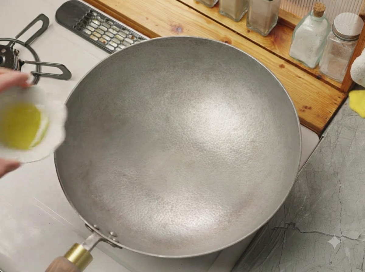 小さな容器から熱した空の中華鍋に調理油が注がれている様子。