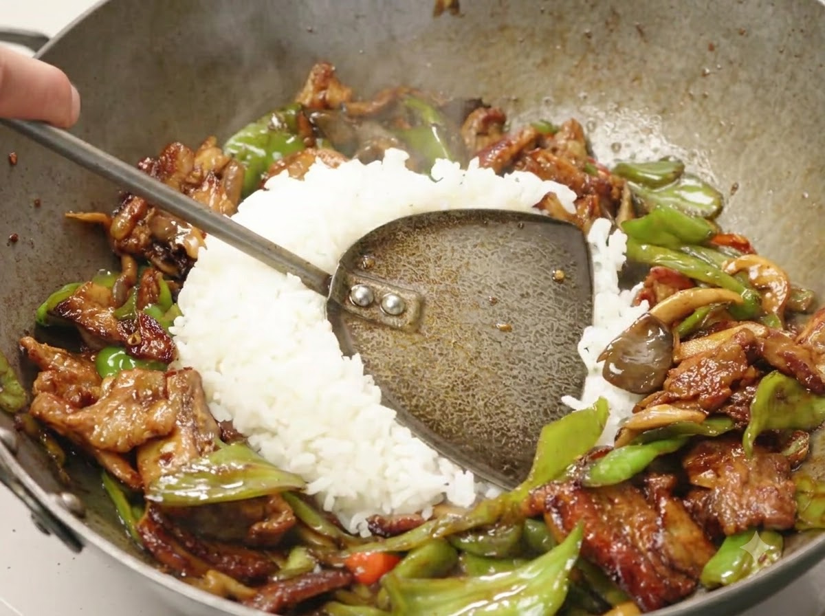 中華鍋の中央で、完成した炒め物の中に白ご飯がスクープされて混ぜ込まれている様子。