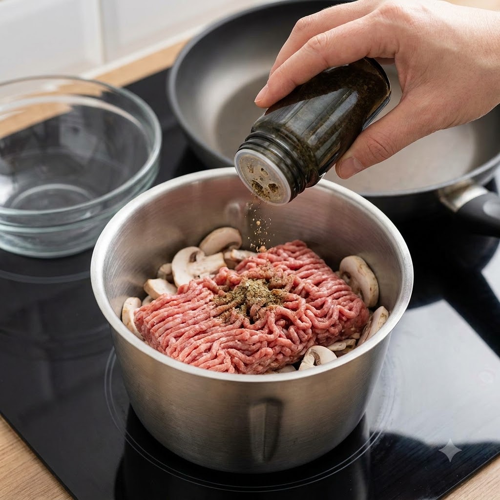 生ひき肉とスライスしたマッシュルームが入った金属製のボウルに、瓶から白砂糖をスプーンですくって加えている様子