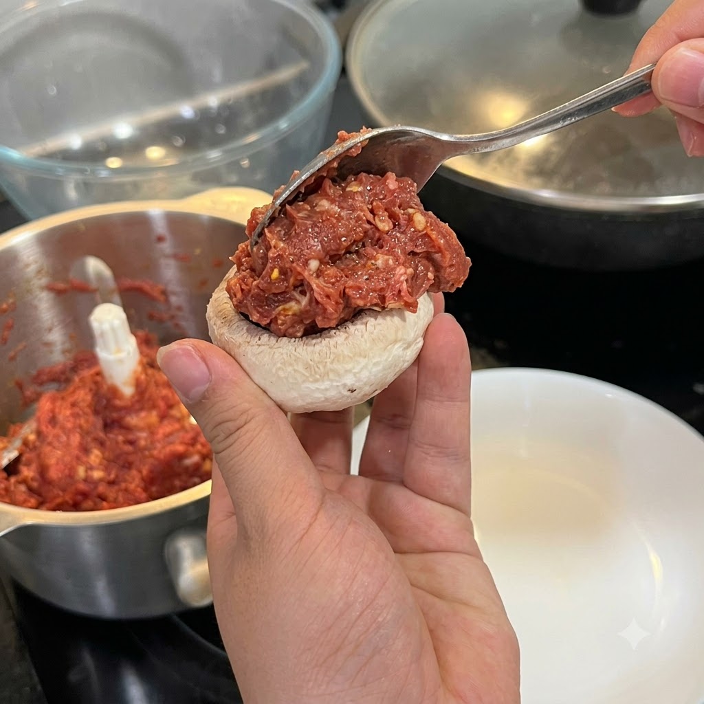 白いマッシュルームの傘を片手で持ち、スプーンを使って生の肉ペーストをこんもりと詰めている様子