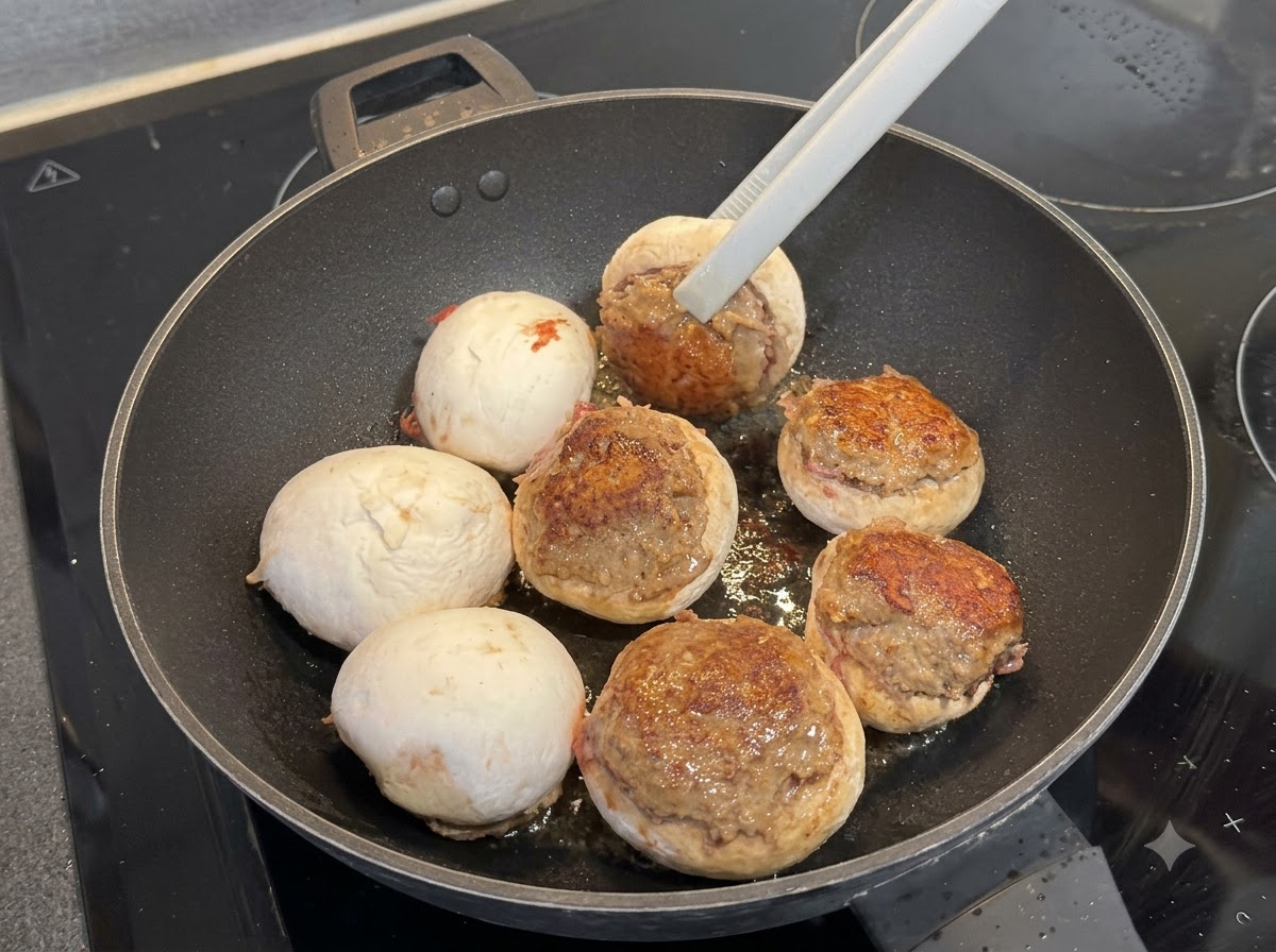 シリコン製のトングを使ってフライパンの中の肉詰めマッシュルームを裏返し、きつね色に焼けた面を見せている様子