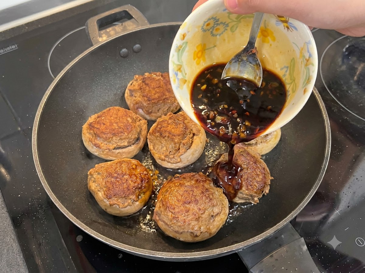 フライパンで焼き色のついた肉詰めマッシュルームの上から、ボウルに入った黒いガーリックソースを回しかけている様子
