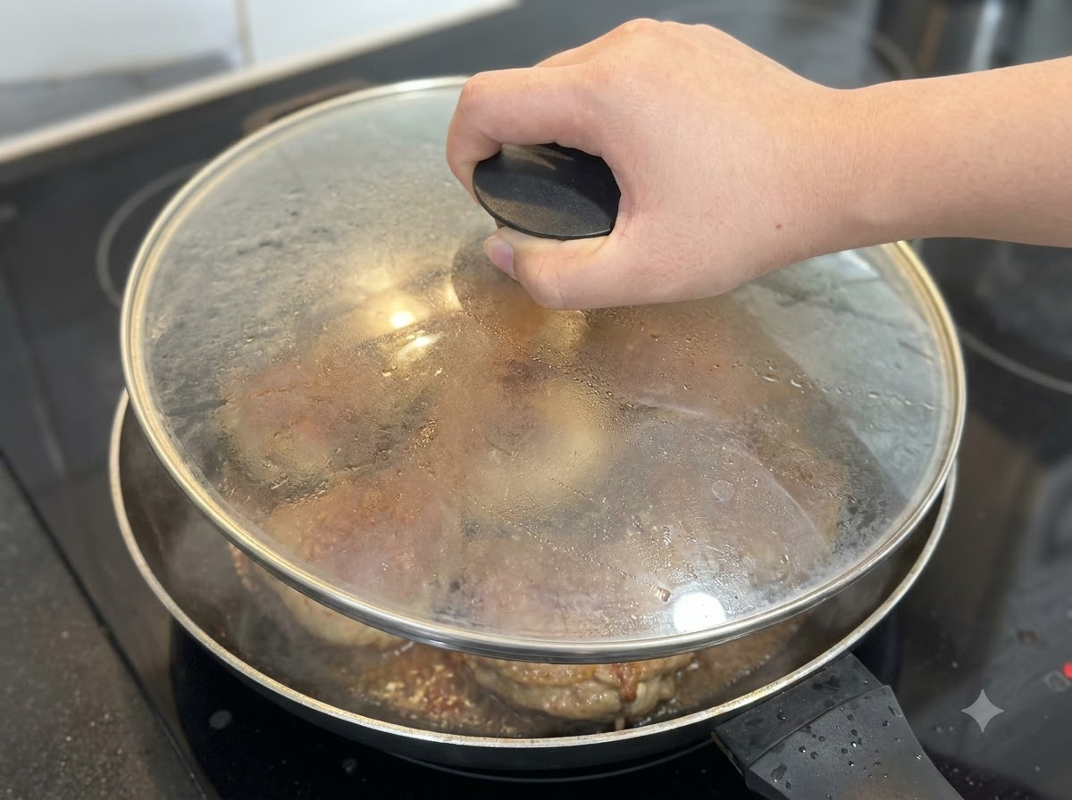 ソースで煮込まれている肉詰めマッシュルームを覆うように、フライパンにガラスの蓋を被せている様子