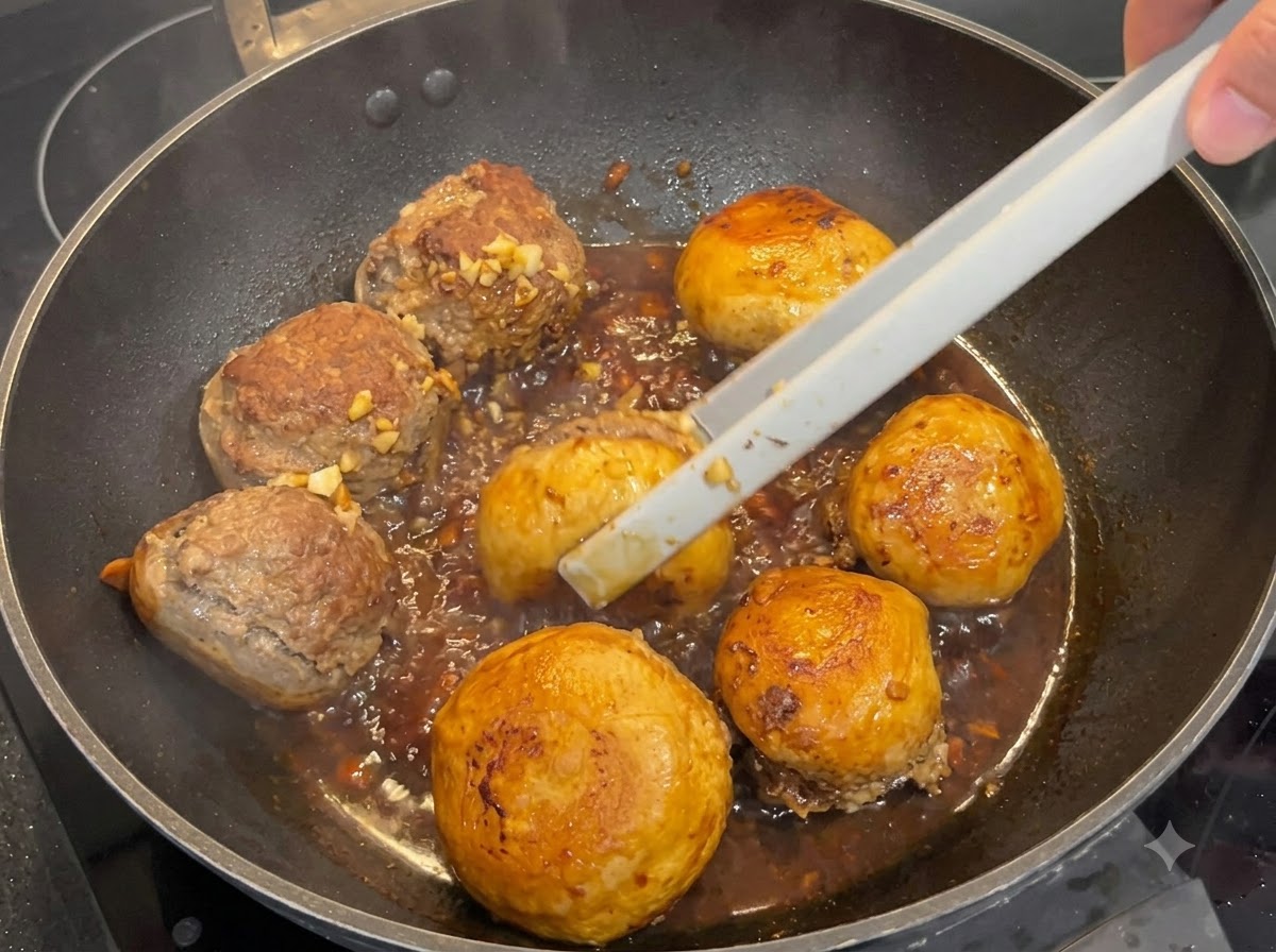 とろみを帯びた黒いソースの中で、トングを使って煮込んでいる肉詰めマッシュルームを裏返している様子