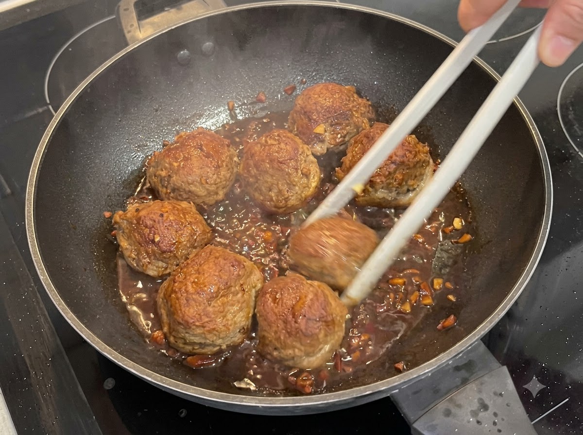 フライパンの中でソースが絡みぐつぐつと煮える肉詰めマッシュルームの上に、白ごまと刻みネギを振りかけている様子