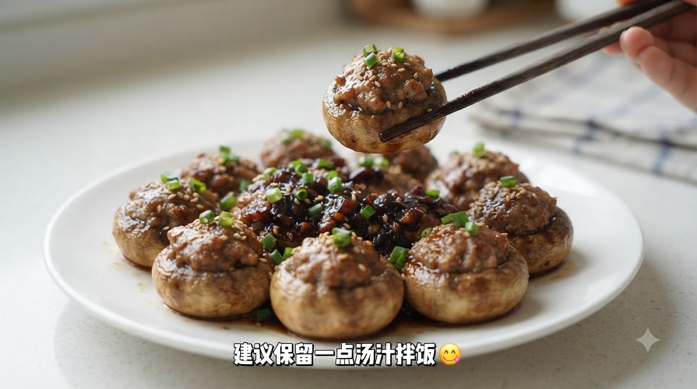 特製のガーリック醤油ダレをまとって艶やかに輝き、白ごまが散らされたジューシーな肉詰めマッシュルームのクローズアップ