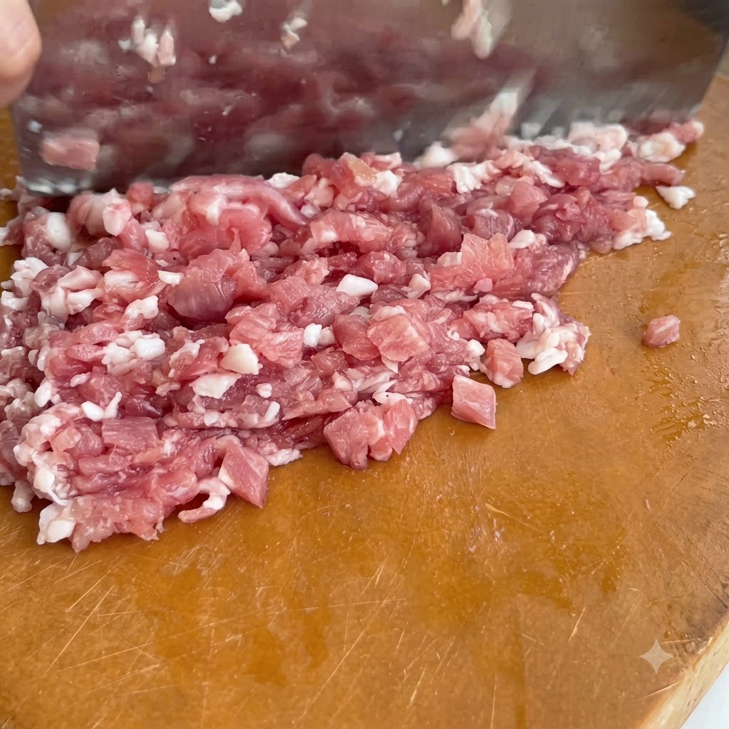 木のまな板の上で、包丁を使って生の豚肉を細かく刻んでいる様子。
