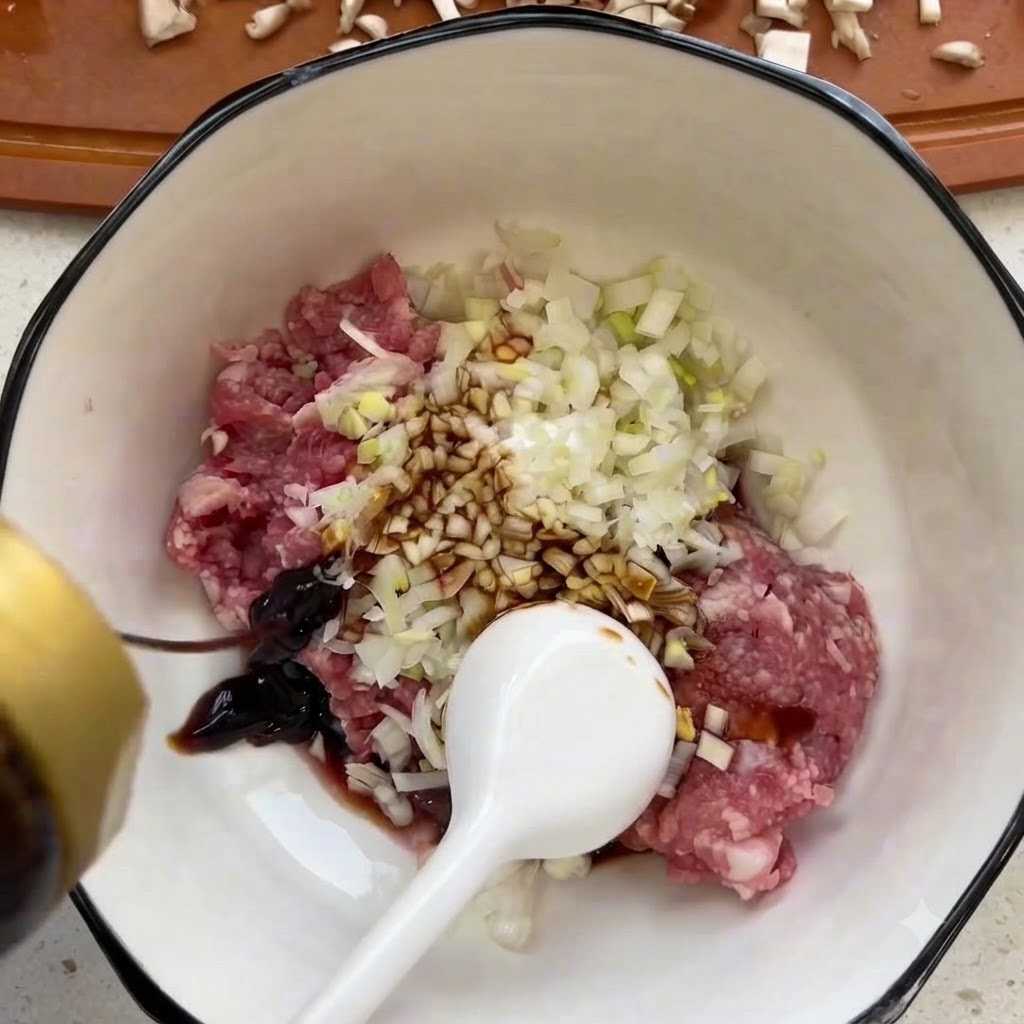 白いボウルに入ったひき肉に、刻んだ椎茸と液状の調味料を混ぜ合わせている様子。