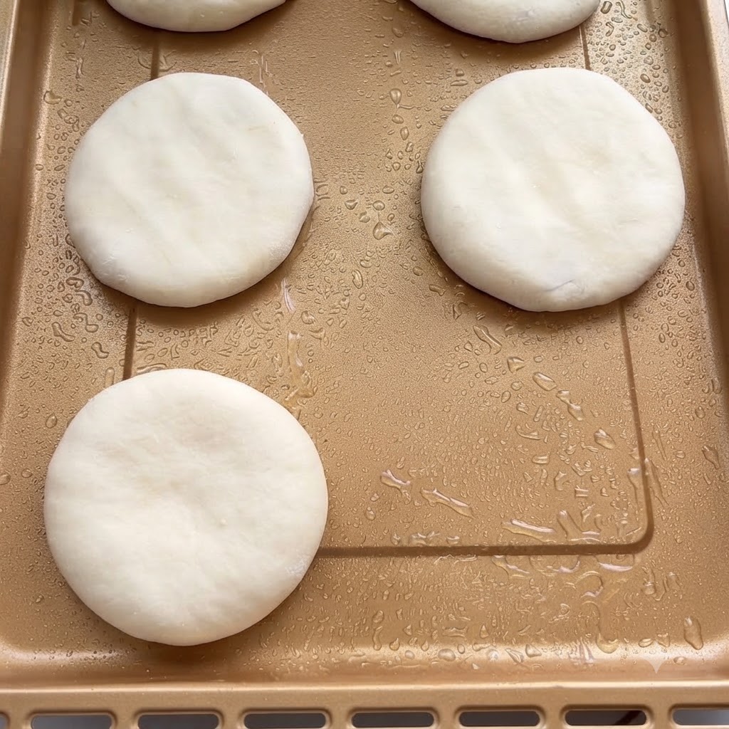 作業台の上で、発酵した生地を長いシート状に麺棒で伸ばしている様子。