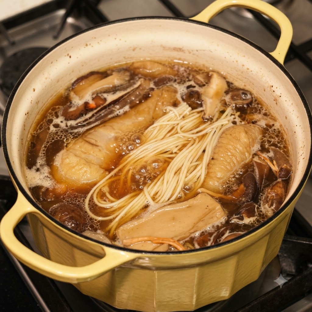 コンロの上で調理されている、鶏肉ときのこのヌードルが入った鍋。