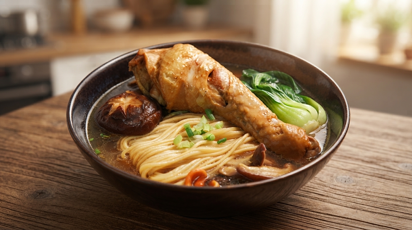 澄んだ琥珀色のスープに、柔らかい鶏手羽元、しいたけ、青梗菜が入ったチキンヌードルの入ったセラミックボウル