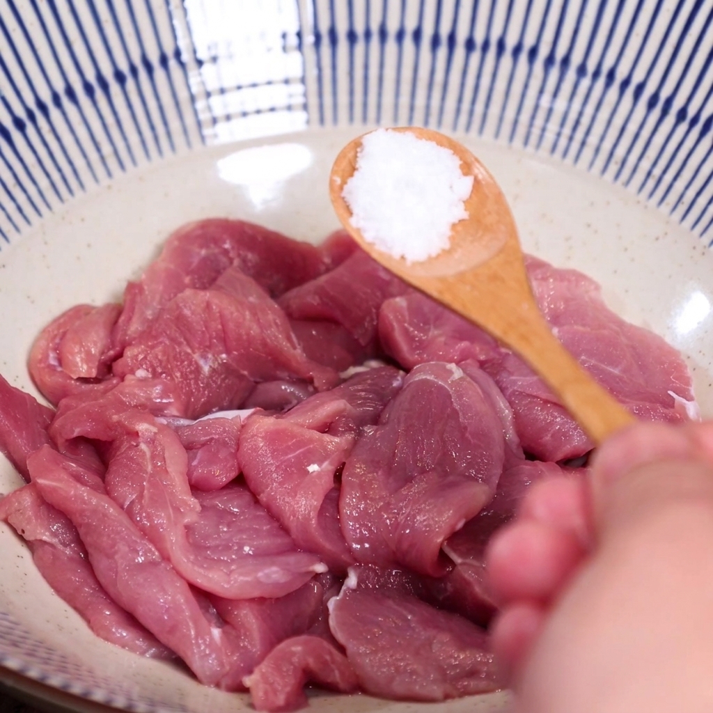 薄切りにした生豚肉を入れたボウルに、木製のスプーンで塩を加えているところ。