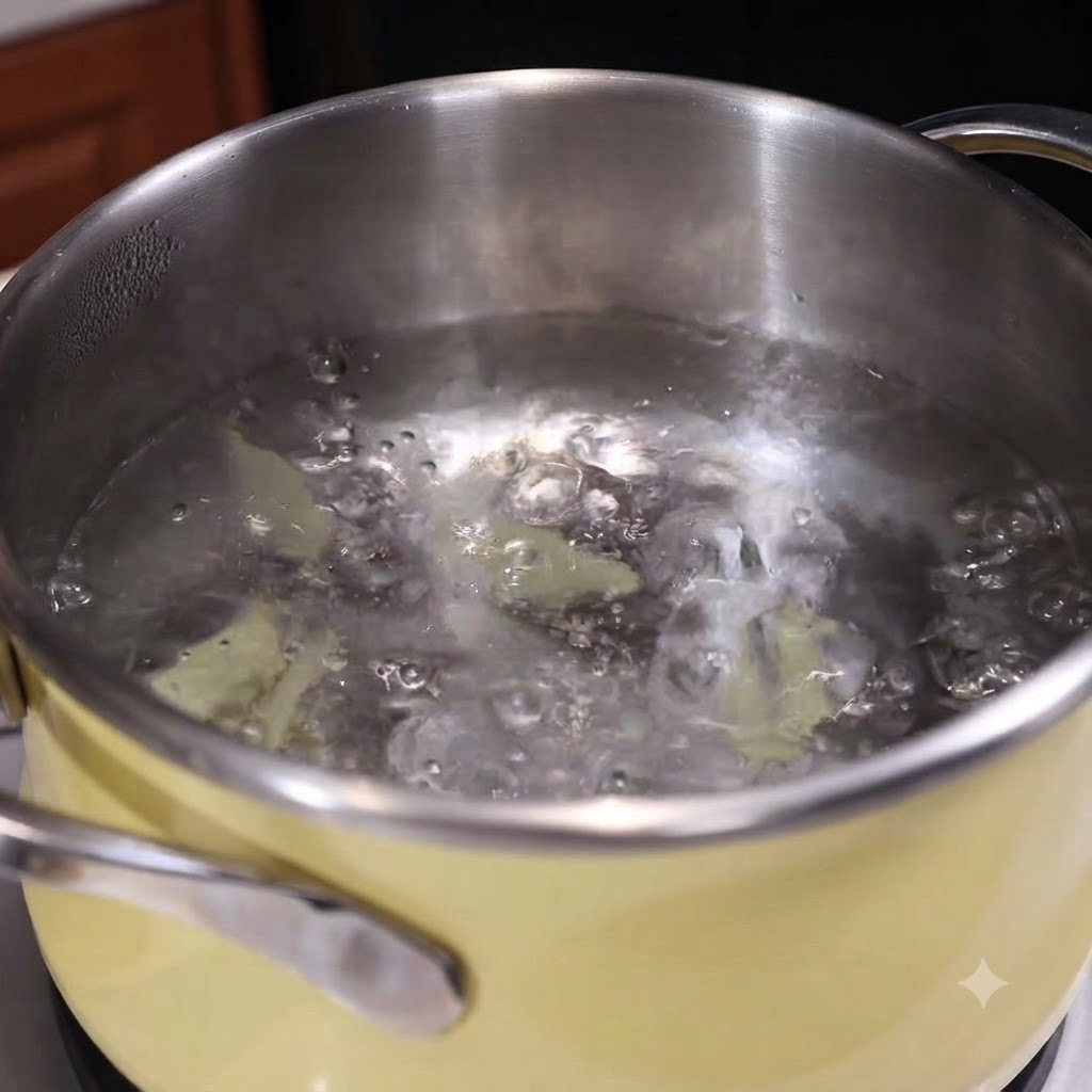 生姜の薄切りが入った沸騰したお湯の鍋で、アサリと豆腐のキューブが煮込まれているところ。
