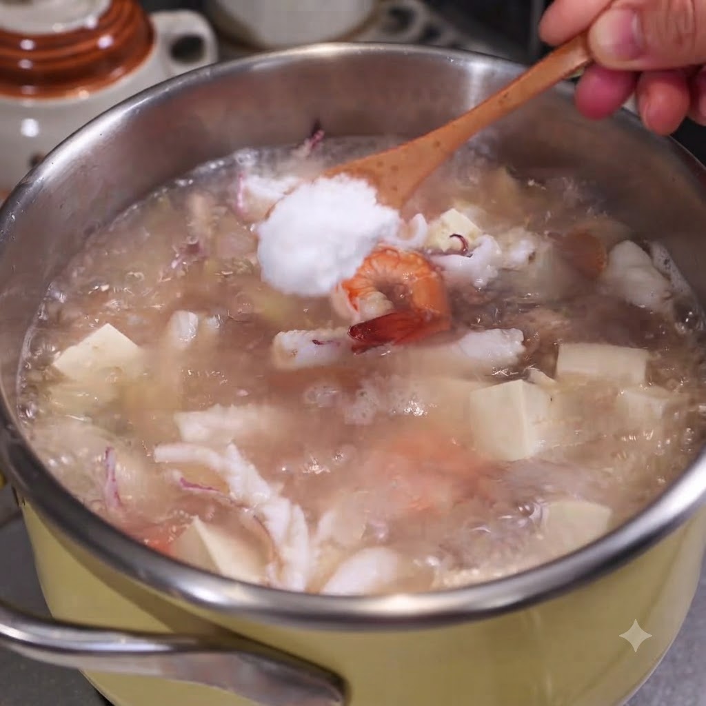 煮込んでいる魚介と豆腐のスープに、小さな木製スプーンで塩を加えているところ。