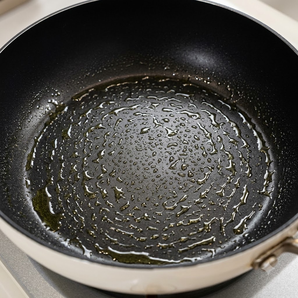 油の粒が吹きかけられ、餃子を並べる準備ができた黒い底の平らなフライパン。
