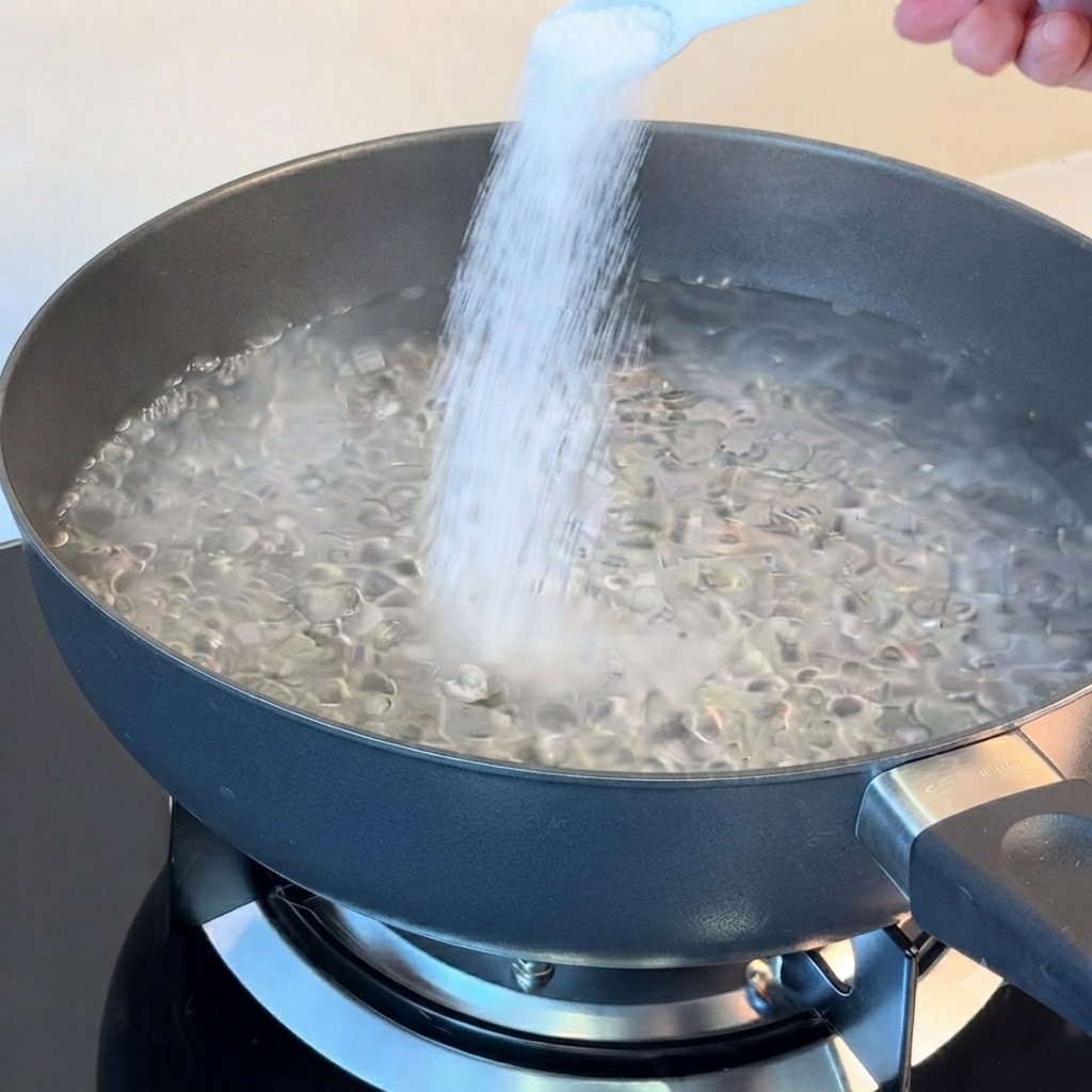 白系のスプーンを持ち、激しく沸騰した黒い鍋にお湯へ塩を投入している手。