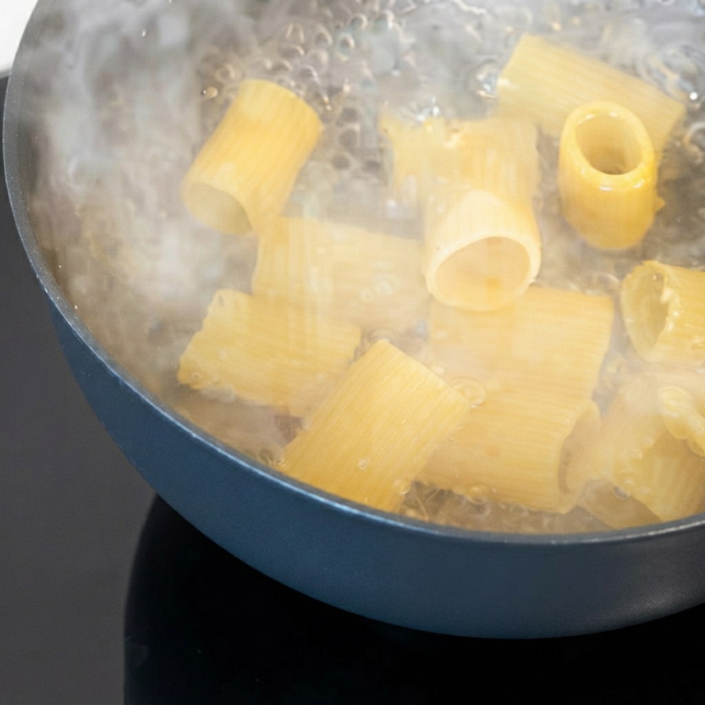 熱湯の入った鍋の中で茹でられている大きめの乾燥チューブパスタ。