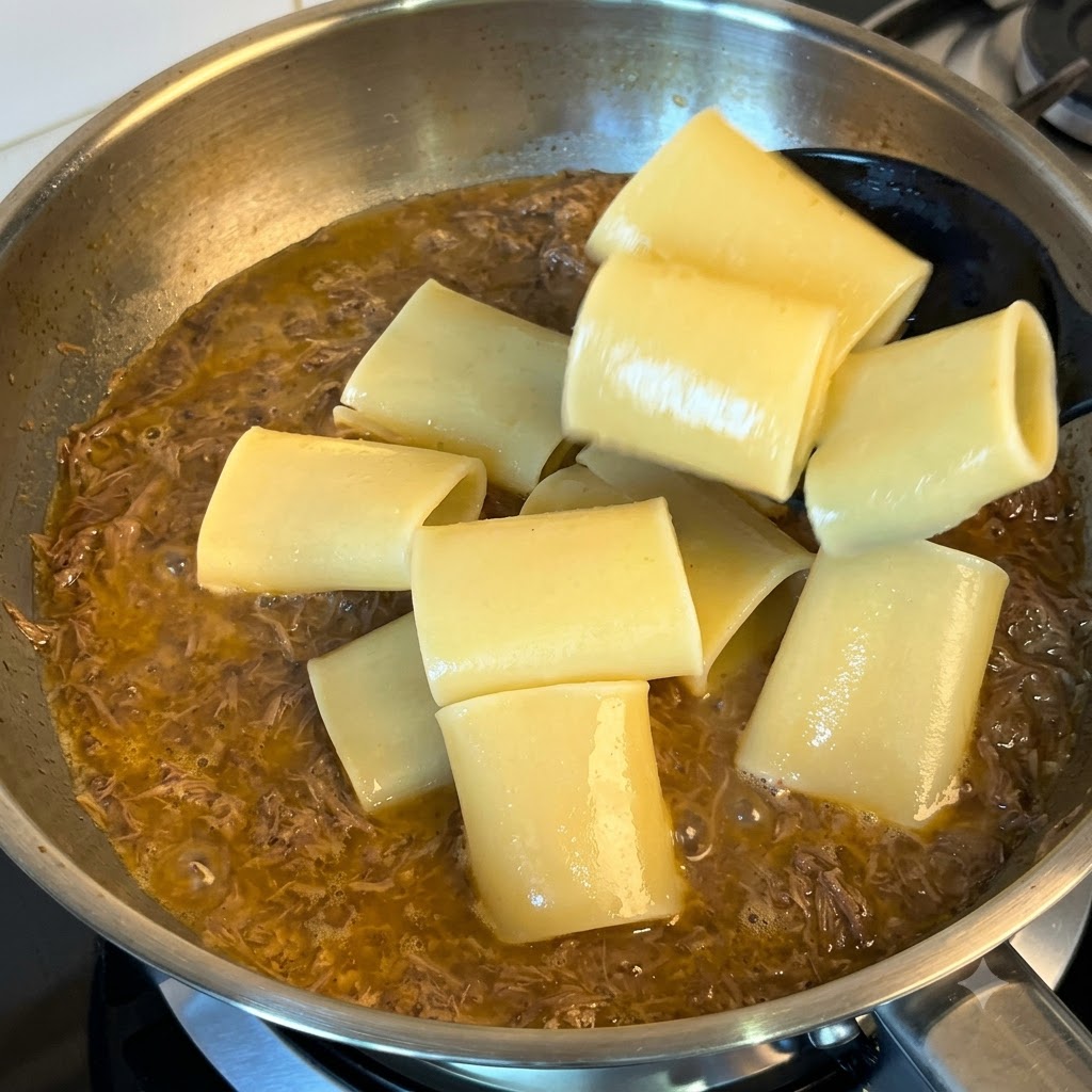 黒い網杓子を使って、茹で上がったチューブパスタを煮立っているビーフソースのフライパンに移しているところ。