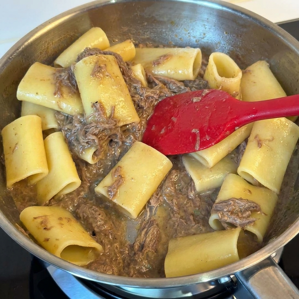 赤いスパチュラを使い、ステンレス製のフライパンでほぐし牛肉と大きなチューブパスタを和えている様子。