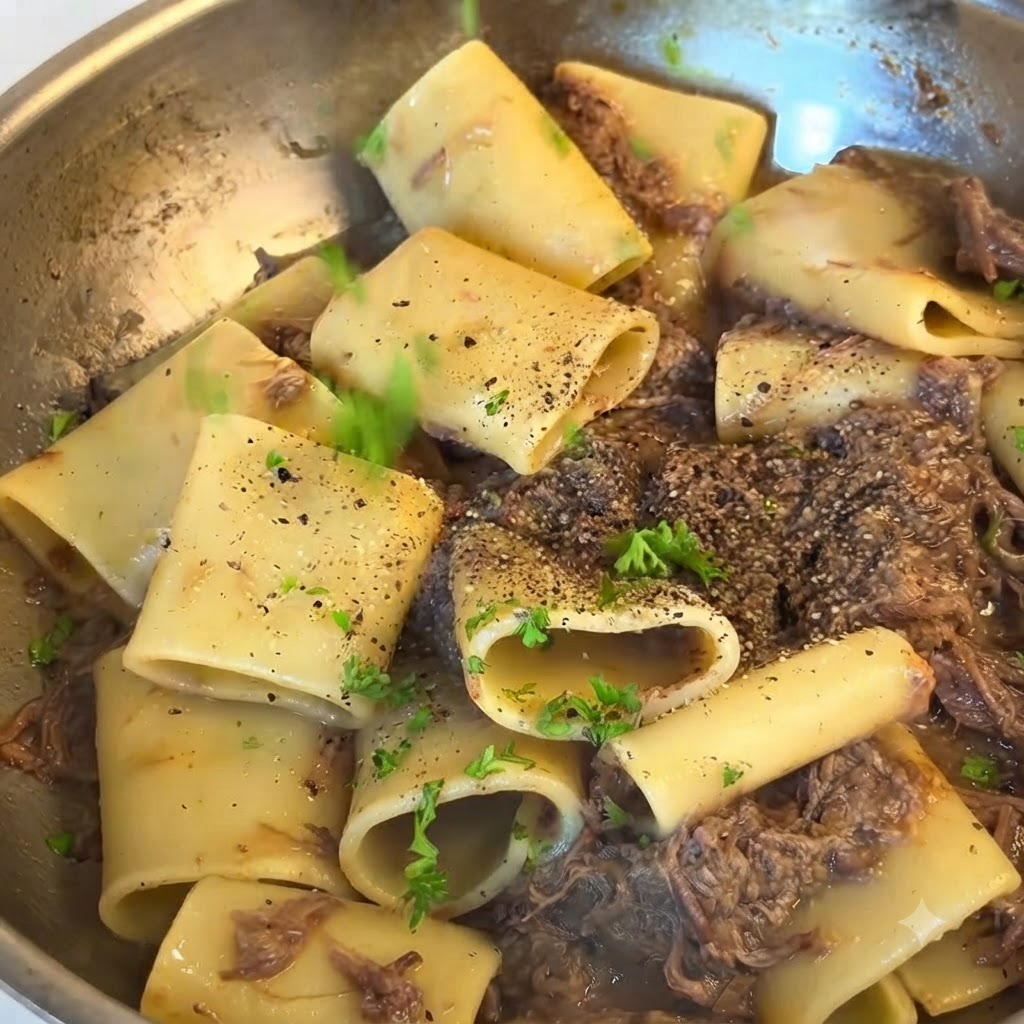 フライパンの中のパスタ料理の上に、細かく刻んだ新鮮なパセリと黒こしょうが振りかけられているところ。