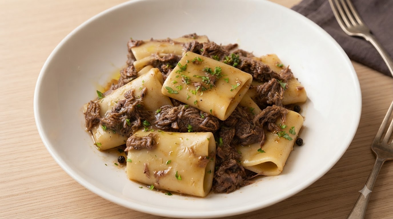 じっくり煮込んだ牛すじ肉の濃厚パスタ