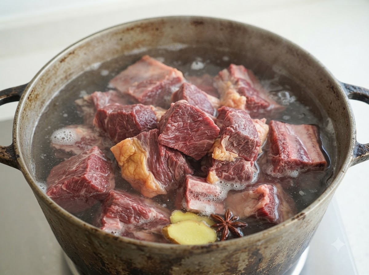 アクが浮いた水の中で、生姜とともに牛肉が茹でられている様子。