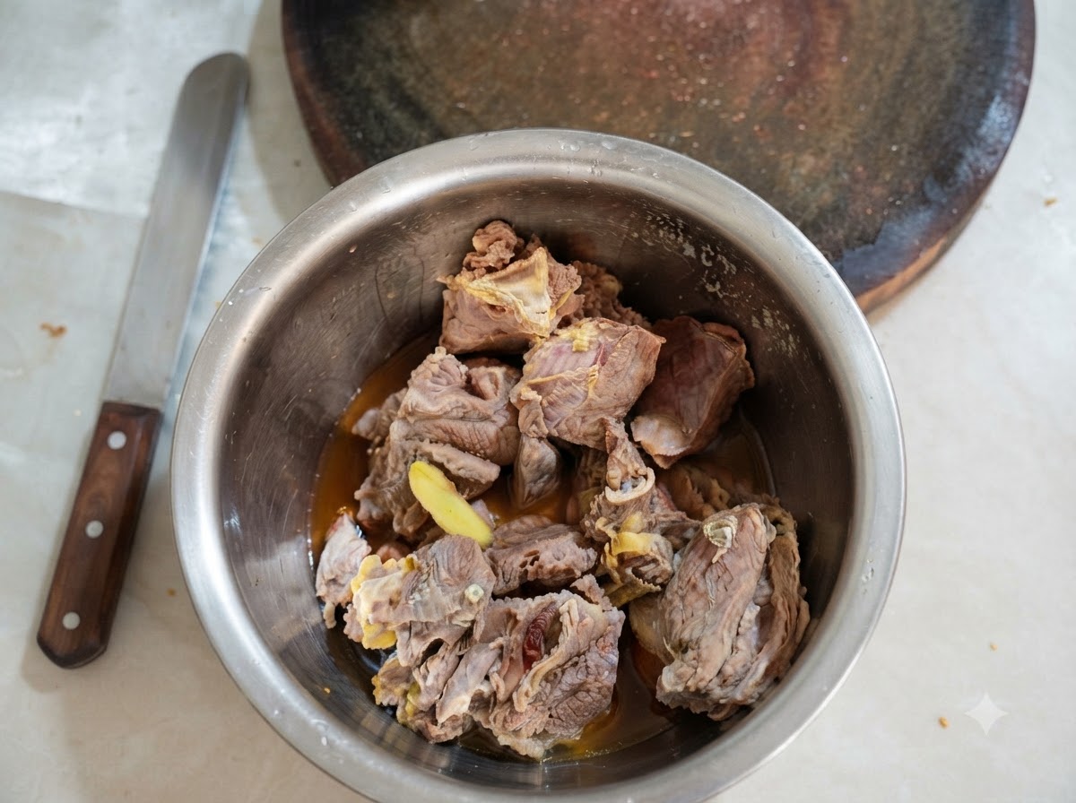 まな板の横にある金属製のボウルに入った調理済みの牛バラ肉。